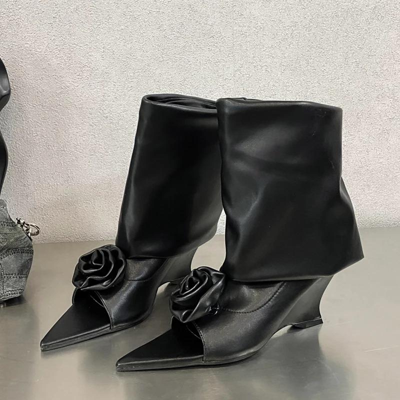 Street Style Design Flowers Peep Pointed Toe Women Ankle Boots Sandals Fashion Wedges High Heels Ladies Shoes