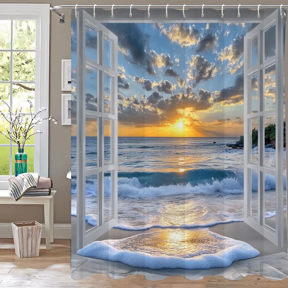 Seaside Beach Flower Scenery Print Waterproof Shower Curtain Partition Privacy Hanging Curtain With 12 Hooks Machine Washable
