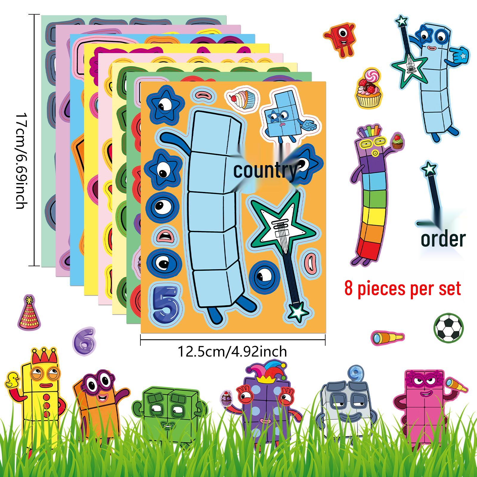 Number Building Blocks Face Swap Stickers Set: 8 Waterproof Cartoon DIY Stickers for Suitcase, Journal, Scooter.