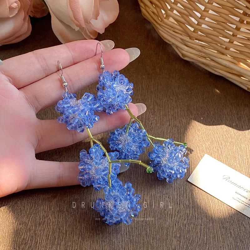 Синие серьги-цветы с бусинами Женские серьги в морском стиле для отпуска Серьги с длинной бахромой высокого класса