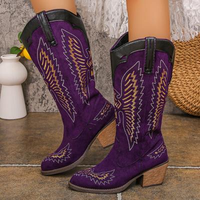 Stivali da Cowboy da Donna a Punta Larga, Stivali Western Alti al Ginocchio con Tacco Chunky, Stivali Lunghi Stile Europeo da Donna