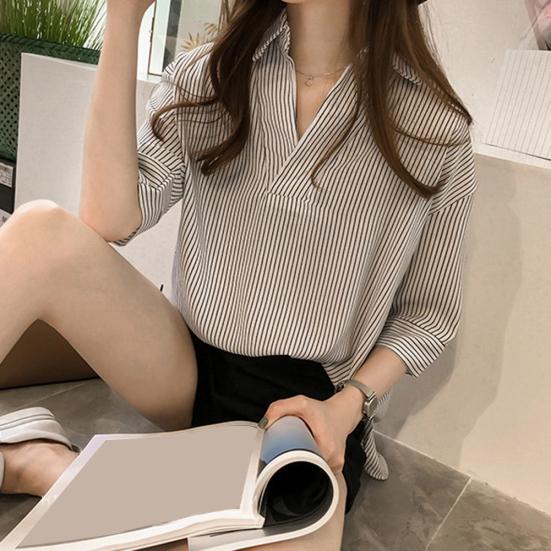Plus Size Summer Casual Women Striped Lapel V Neck 3/4 Sleeve Loose Shirt Blouse