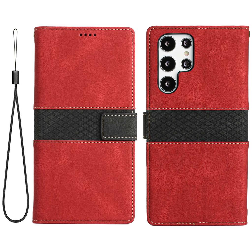 Phone Case for Samsung Galaxy S24 Ultra Grid Splicing Stand PU Leather Wallet Phone Cover with Strap
