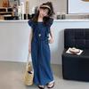 Toddler Girl Summer Solid Color Imitation Children's Suit Blue Ruffled Sleeveless Vest Pants Set