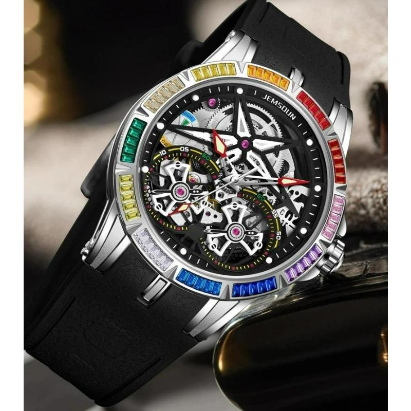 Men Luxury Rainbow Zircon Bezel Skeleton Quartz Watch Luminous Hands Waterproof Silicone Strap Hip Hop Sport Wristwatch Male Gift Clock