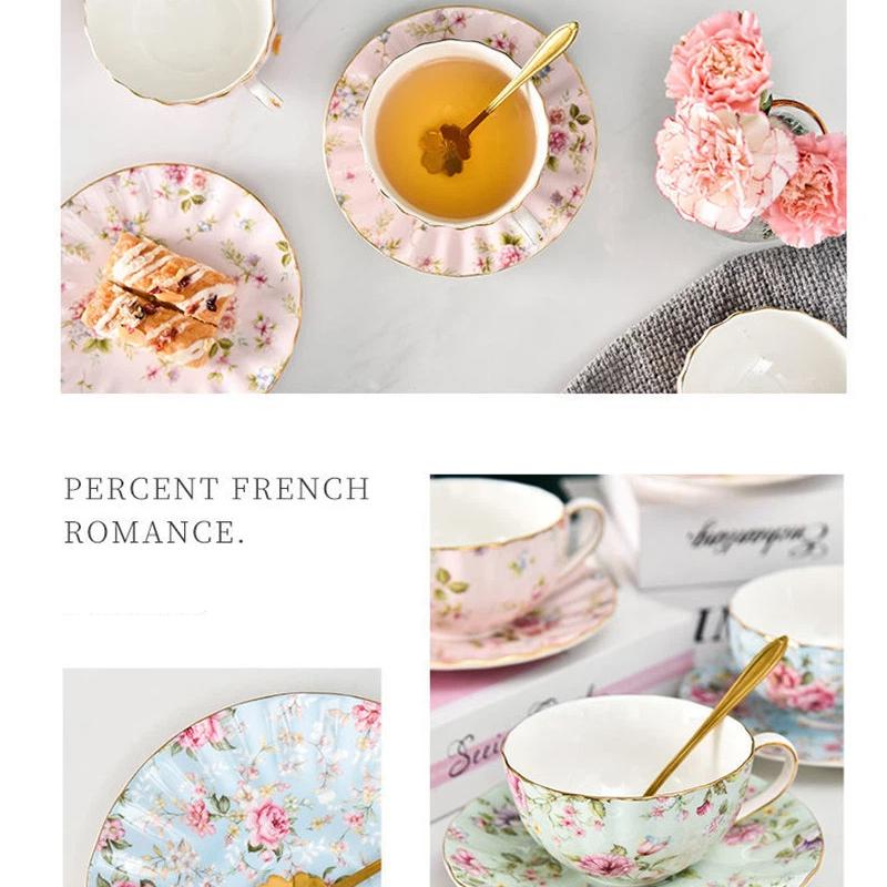 European Bone China Coffee Cup Set – Porcelain Cup, Saucer & Spoon Flowers Tea Set