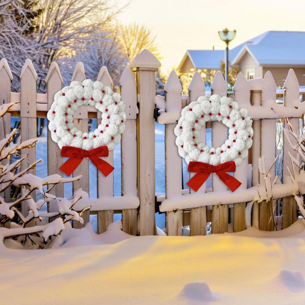 Festive Holiday Wreath Holiday Wreath White Fuzzy Pom Pom Ball Christmas Wreath with Bow Berries Festive Holiday Decor for Home