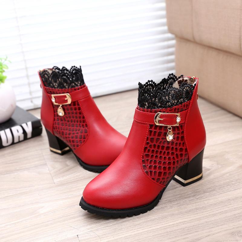 Autumn and Winter Martin Boots, High-heeled Women's Short Boots, Thick-heeled Ankle Boots, Sexy Lace Round Toe Women's Shoes