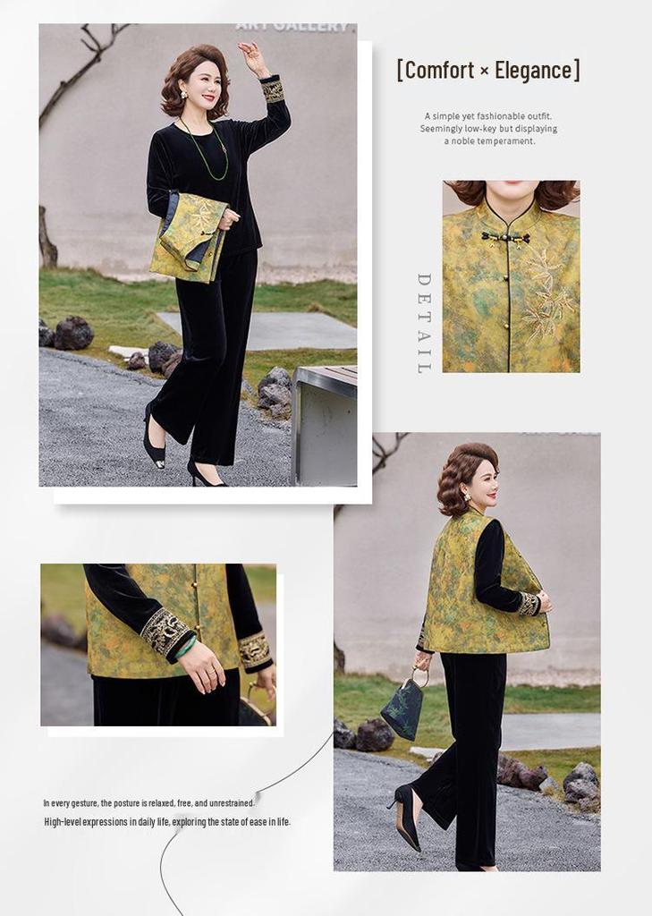 Elegant Chinese Style Suit: Sophisticated Spring-Autumn Vest & Top for Middle-Aged Women