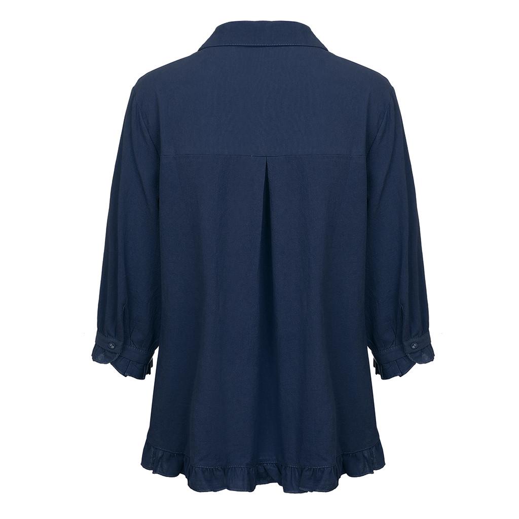 Women Lace Button Turn Down Collar Middle Sleeve Color T-Shirt Top Blouse