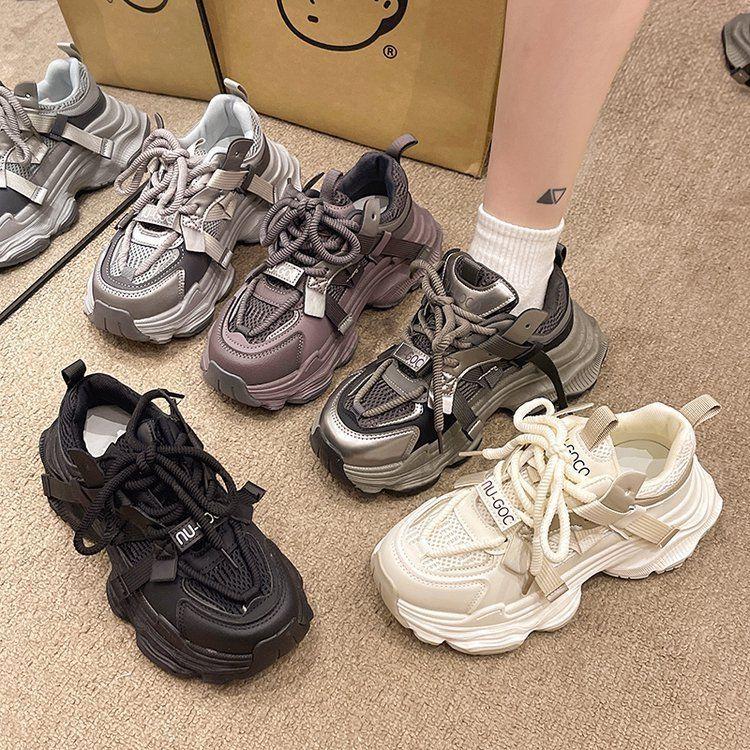 Black and white thick-soled heightening dad shoes autumn advanced breathable casual versatile dirt-resistant sports shoes women