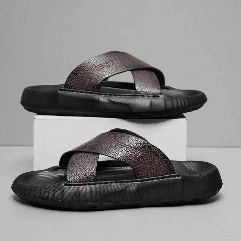 Fashion Summer Men Genuine Leather Outdoor Slippers New Fashion Casual Beach Slippers Antiskid Breathable Comfy Soft Bottom Walking Shoe