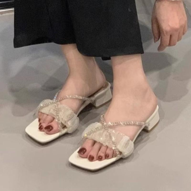 Fashion Women's Silver Rhinestone Heeled Slides 2025 Summer Glitter Sandals Comfortable Outdoor Dressy Casual Beach Shoes Fashion Trendy