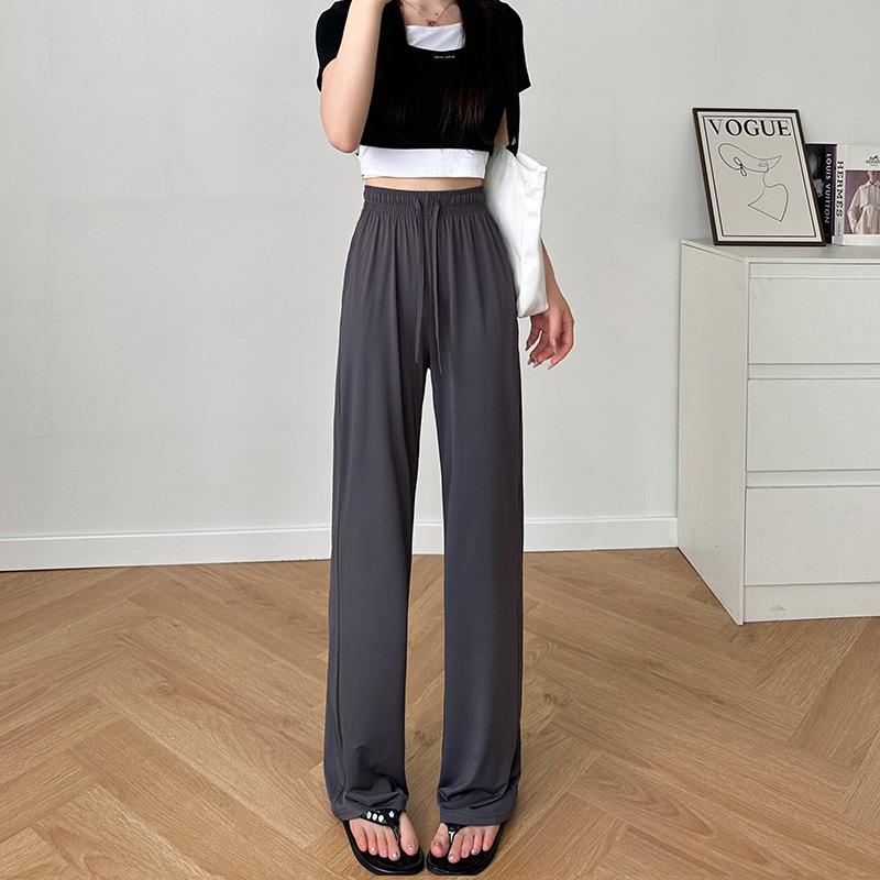 

Ice silk wide-leg pants women s summer thin high waist drape narrow version cool straight pants small casual sunscreen pants S темно-серого