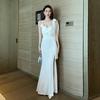 Elegant Satin Polyester Long Dress With Vneck For Evening Parties And Nightclub Wear