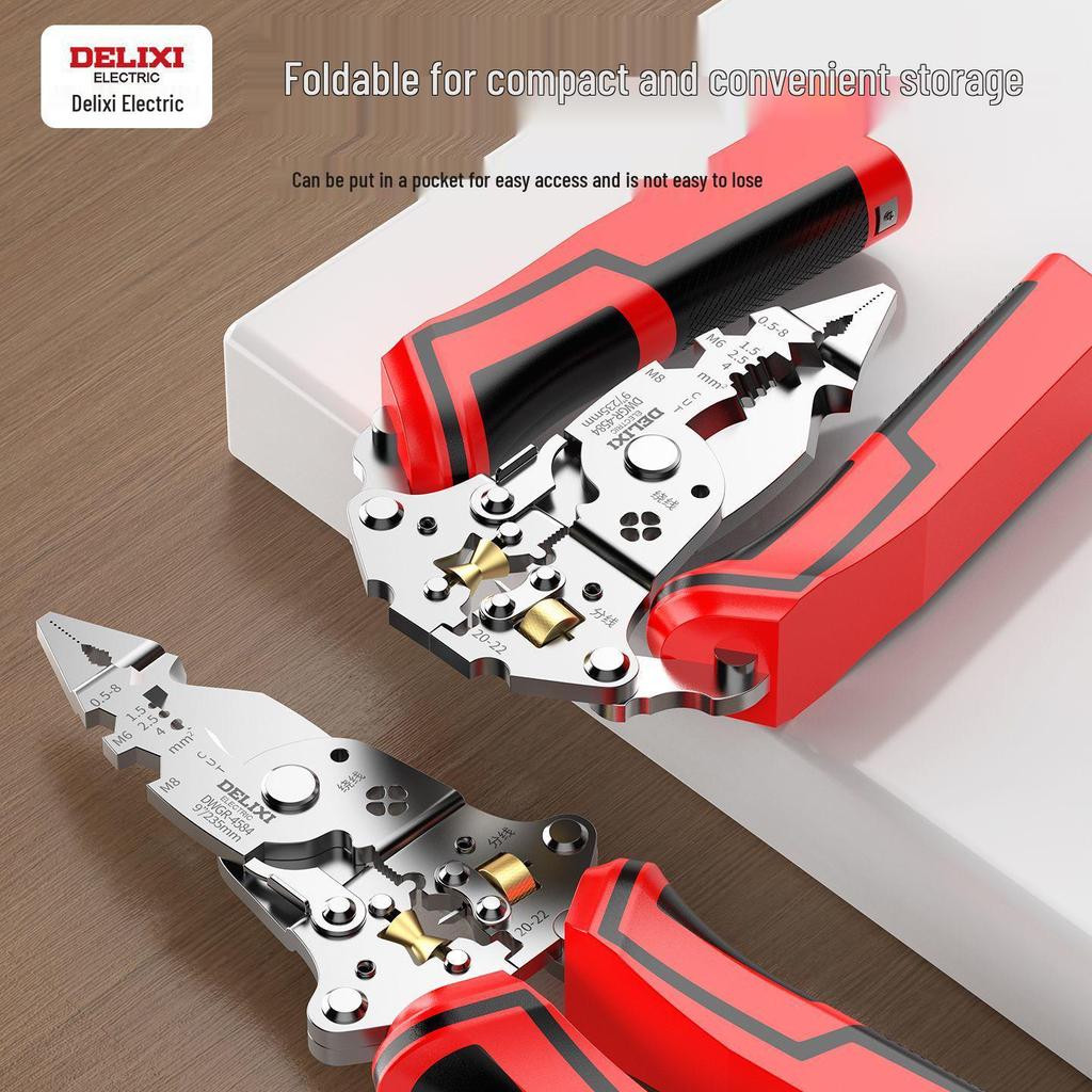 Multifunkční elektrikářské kleště: Nástroj pro stříhání, tahání, odizolování, krimpování, odizolování a navíjení drátů.