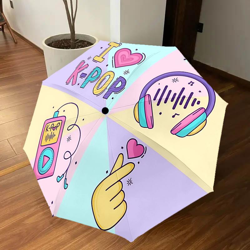 1PC K-pop I Love K-pop Automatic Open/Close Umbrella with Windproof, 8-Rib Sturdy Canopy, Durable Ribs, Fashionable Design, Outdoor Accessory, Fun Pri