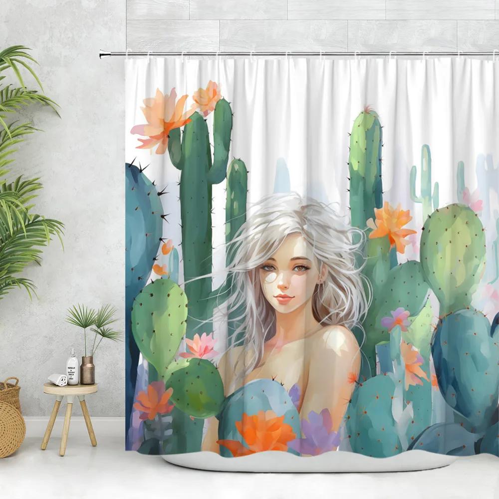 Cactus Shower Curtain Tropical Plant Greenery Moon Flower Desert Hummingbird Rustic Wood Panel Polyester Fabric Bathroom Decor