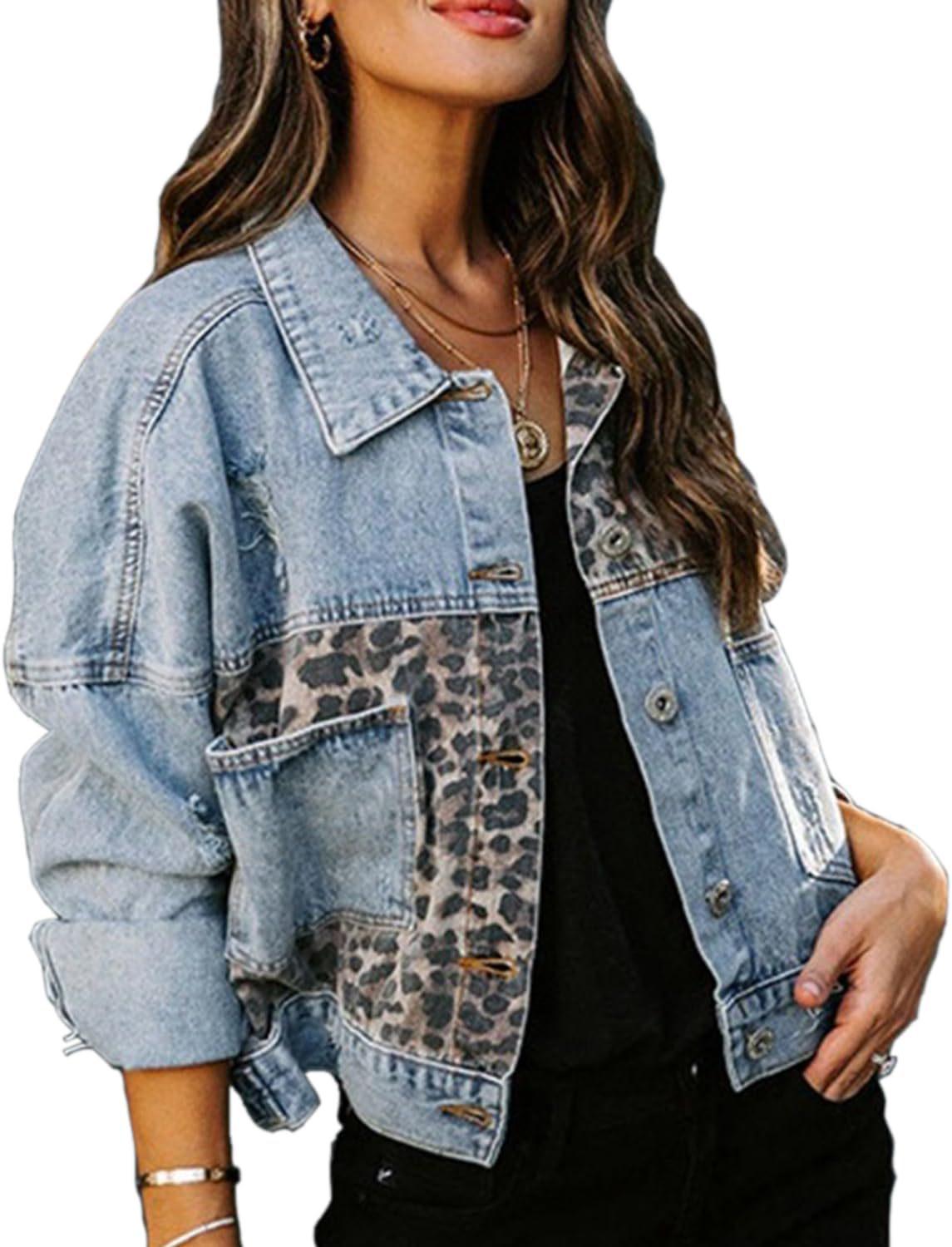 

Women s 2026 Leopard Patchwork Denim Jacket 2XL