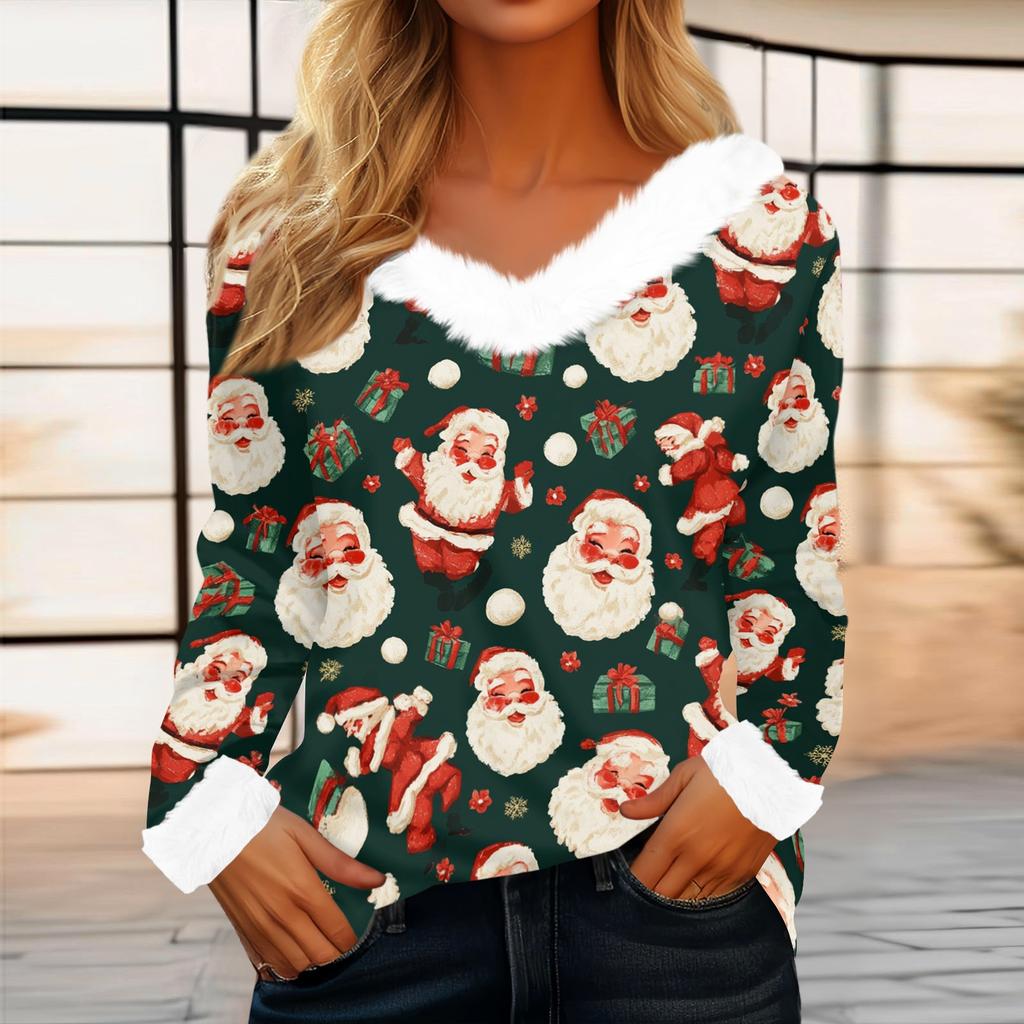 Women's Casual Long Sleeve Christmas Print Top with Collar
