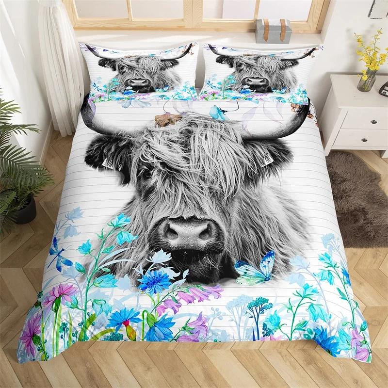 Highland Cow Bedding Set Polyester Bull Cattle Flowers Quilt Cover Western Wild Animal Duvet Cover Farmhouse Cow Bedspread Cover