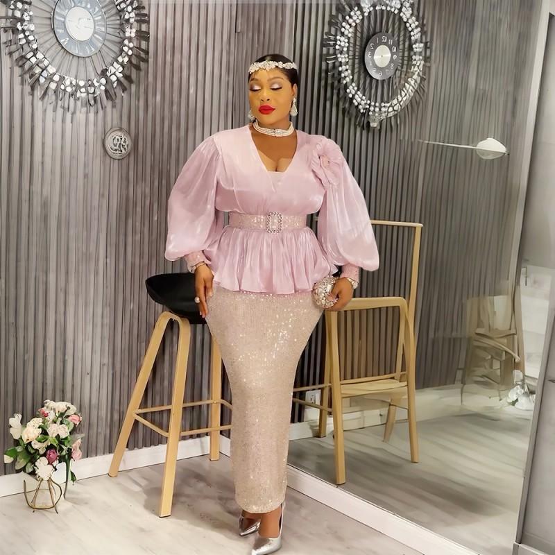 Elegant Plus Size African Womens Evening Dress Long Sleeve Deep V Neck Sequin Trimmed Fit-and-Flare Gown Party