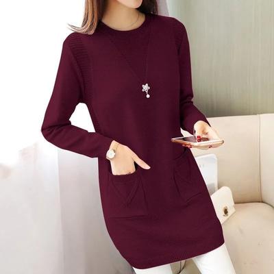 Version Loose-Fit Medium-Length Knit Base Layer Top Women's Pullover Sweater Skirt Fleece-Lined Thickened