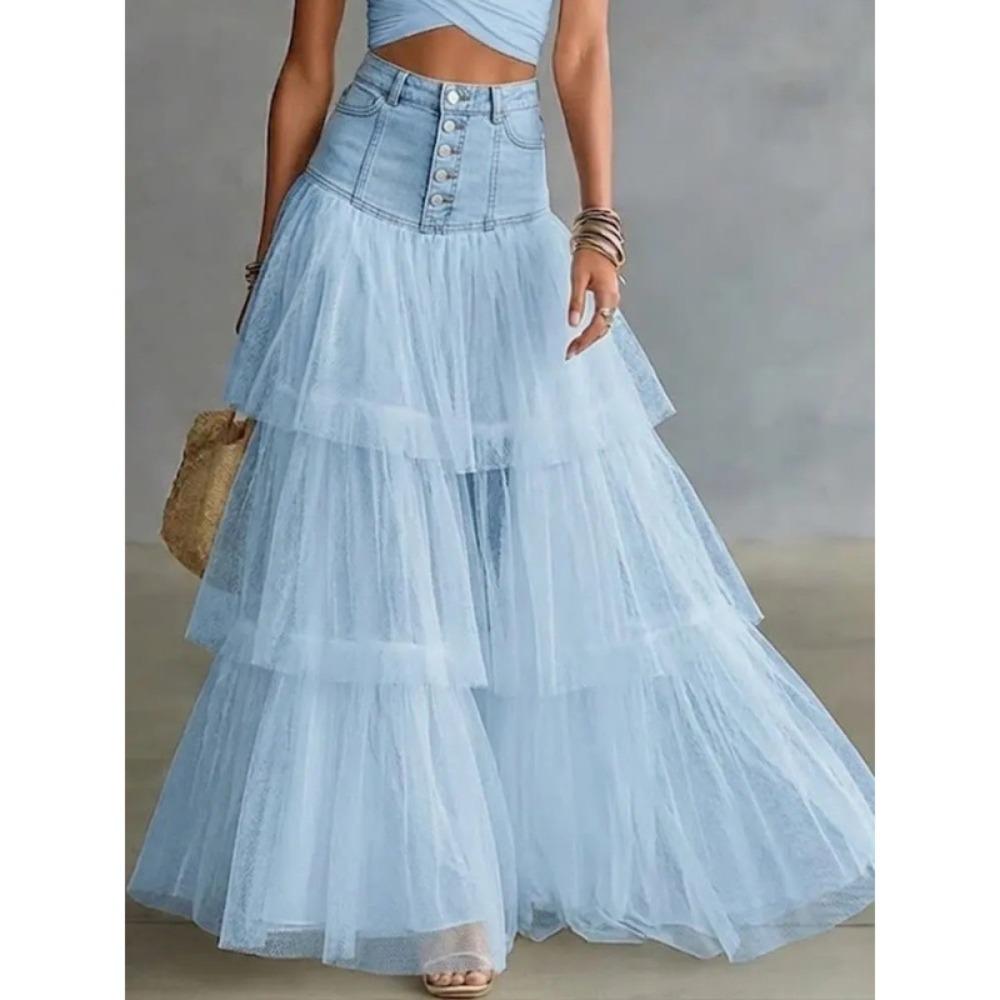 Women's High Waist A-Line Maxi Skirt Tiered Tulle Layered Skirt Elegant Casual Long Skirt