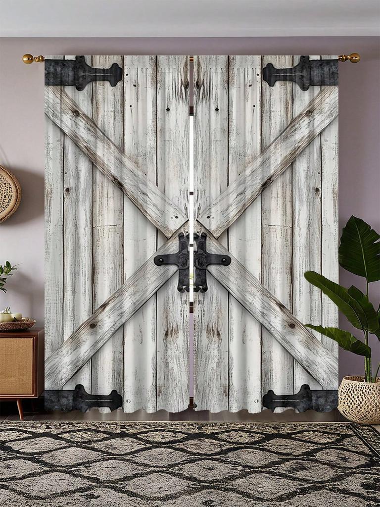 Country Style Barn Door Design Black Metal Decorative Curtain-Rod Pocket Blackout Curtain Panel for Home Decoration