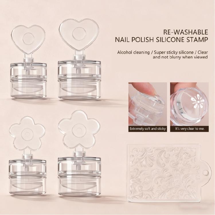 Floral Heart Patterned Nail Stamp with Scraper For Reusable Manicure Designs Featuring Clear Silicone Pad