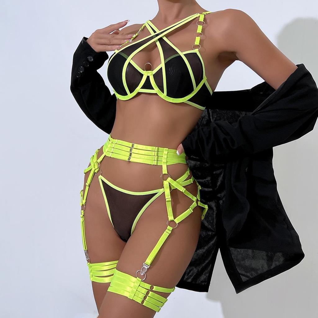 European & American Mesh Strappy Underwire Push-up Lingerie Set with Metal Ring & Bandage Waist Cincher
