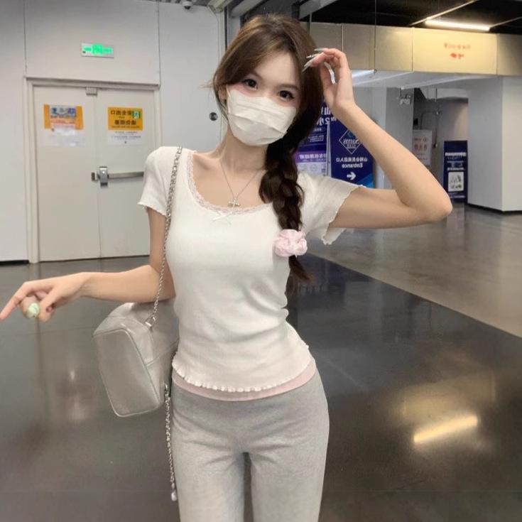 White Lace Slimming Women's Summer Short Sleeve Top