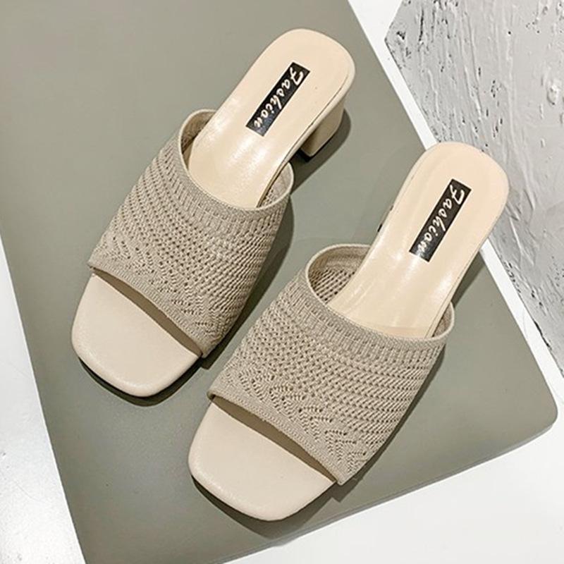 Women's Summer Fly-Knit Mid-Heel Slide Sandals in Korean Style