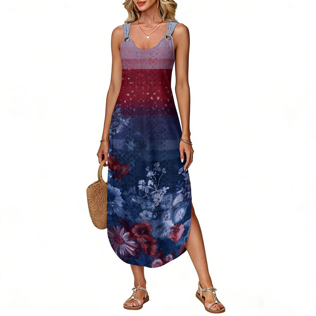 Women's Summer Long Dress Sleeveless Side Slit Long Independence Day Print Vacator Dress