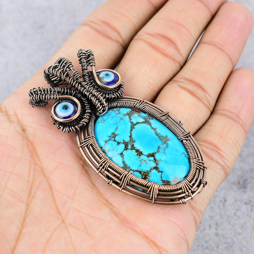 Tibetan Turquoise & Blue Evil Eye Pendant, 999 Copper Wire Wrapped Gemstone Jewelry, Handmade Pendant, For Thanksgiving