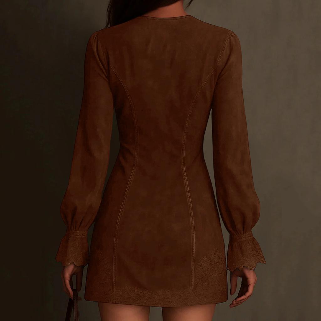 Rochie Damă Suedeză Decolteu în V Fermoar Dantelă Mânecă Lungă Culoare Solidă Rochie Vintage