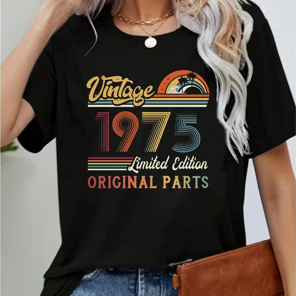 Vintage 1975 Funny 50Th Birthday Gifts 50 Years Old Retro Print T-Shirt Short Sleeve Crew Neck Casual Top for Summer & Spring