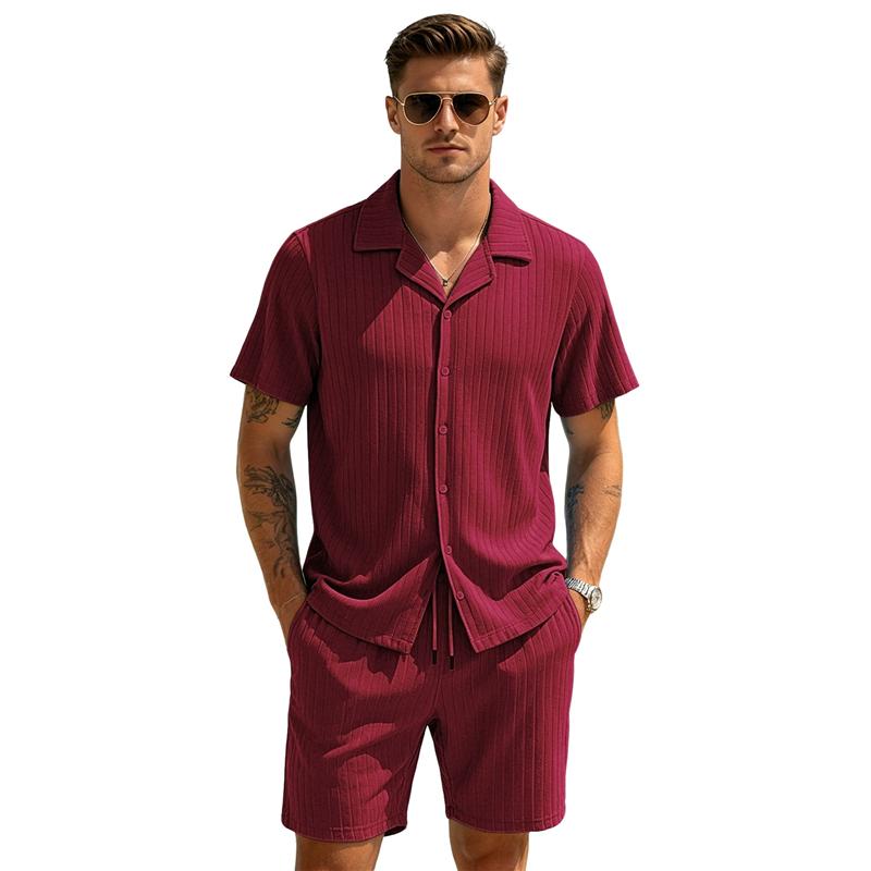 Set da Spiaggia Estivi da Uomo Tuta Casual da Strada Set Due Pezzi per Sport all'Aperto Camicia a Bottoni Liscia Pantaloncini con Coulisse Abbigliamento Sportivo