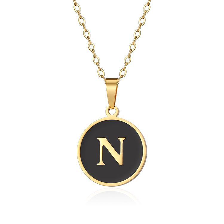 English letter oiled necklace, European and American trend titanium steel chain, round gold letter pendant collarbone chain