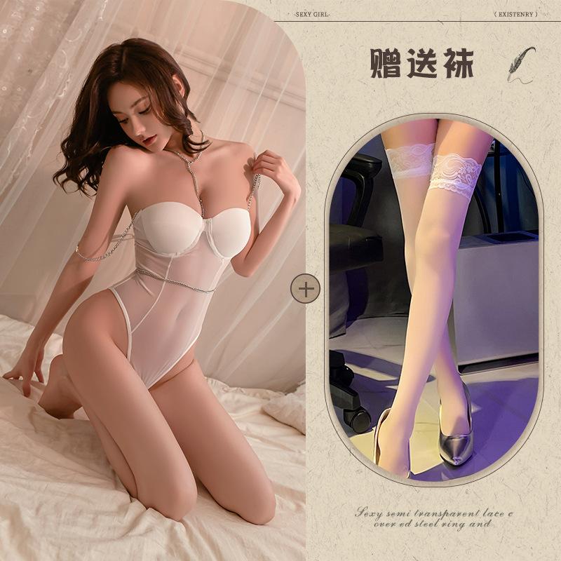 Fishbone waist chain suspender onesie sexy mesh splicing waist tight
