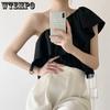 Sweet Off Shoulder Ruffled Top Women White Short T-shirt High Waist Navel Expose Sexy Desire Sleeveless Sloping Shoulder Summer