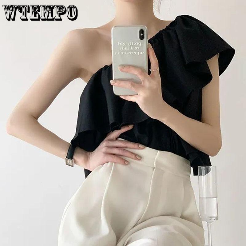Sweet Off Shoulder Ruffled Top Women White Short T-shirt High Waist Navel Expose Sexy Desire Sleeveless Sloping Shoulder Summer