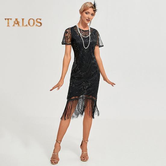 Ballkleid für Damen im Vintage-Stil, mit hohler Spitze, Quaste und Pailletten-Dekor, durchsichtig, runder Halsausschnitt, kurze Ärmel, schmale Passform, Reißverschluss auf der Rückseite, Cocktailparty