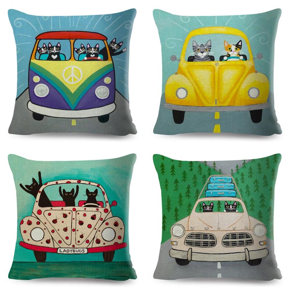 Cartoon Driving Car Cat Cushion Cover Decor Cute Pet Animal Pillowcase Polyester Pillow Case for Sofa Home Children Room 45x45cm