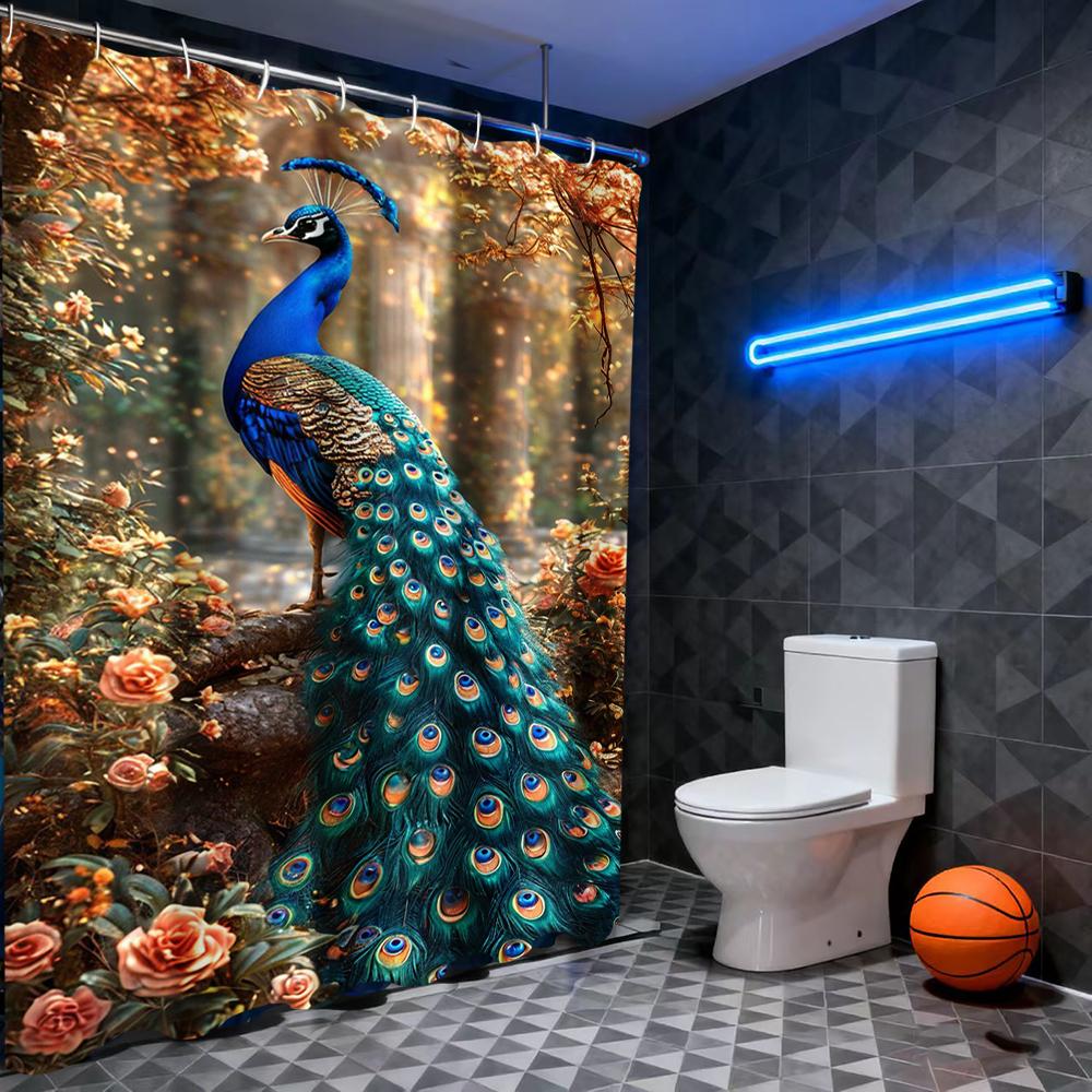 

Animal Peacock Pattern Rustic Style Bathroom Shower Curtain With 12 Hooks Home Bathroom Decor And Accessories W60H190(CM)-1 Pcs