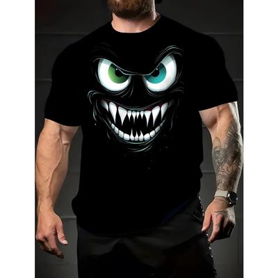 Herr Plus Size Sommar T-shirt med Monstertryck, Trendig Iögonfallande Tee, Rund Hals, Polyester - Maskintvättbar, PLUS SIZE