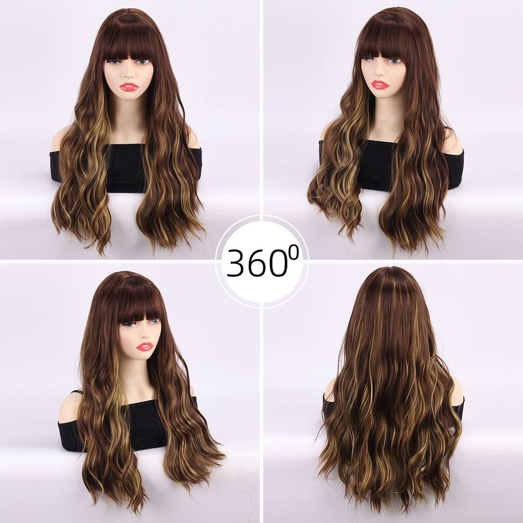Fashionable Women's Wig: Large Waves, Brown with Blonde Highlights, High-Temperature Silk Wig