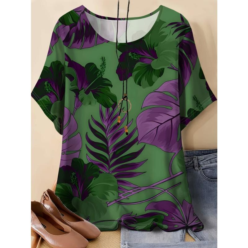 Women s Plus Size Tropical Plant Print Loose Top Women s Fashion Short Sleeve T-Shirt Summer Versatile Slim Style S