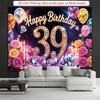 Luxurious 39th Birthday Backdrop, Sparkling Black and Gold Design with Diamonds, Roses and Balloons, Festive Milestone Party Wall Decor