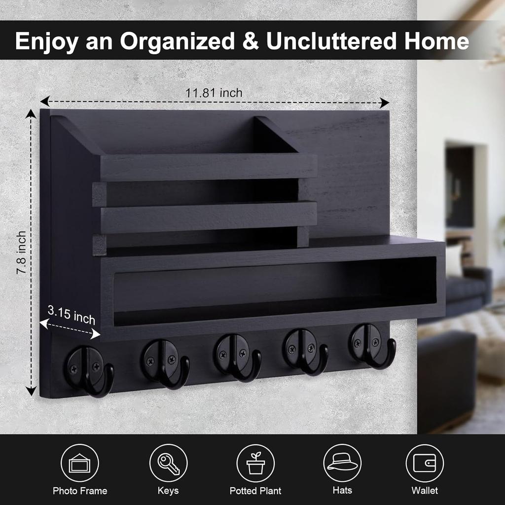 Key and Mail Holder Wall Mount Key Hanger with Long Storage Box and 5 Hooks for Coat Dog Leash Home Decor Rack House Accessories Entry Way Organ